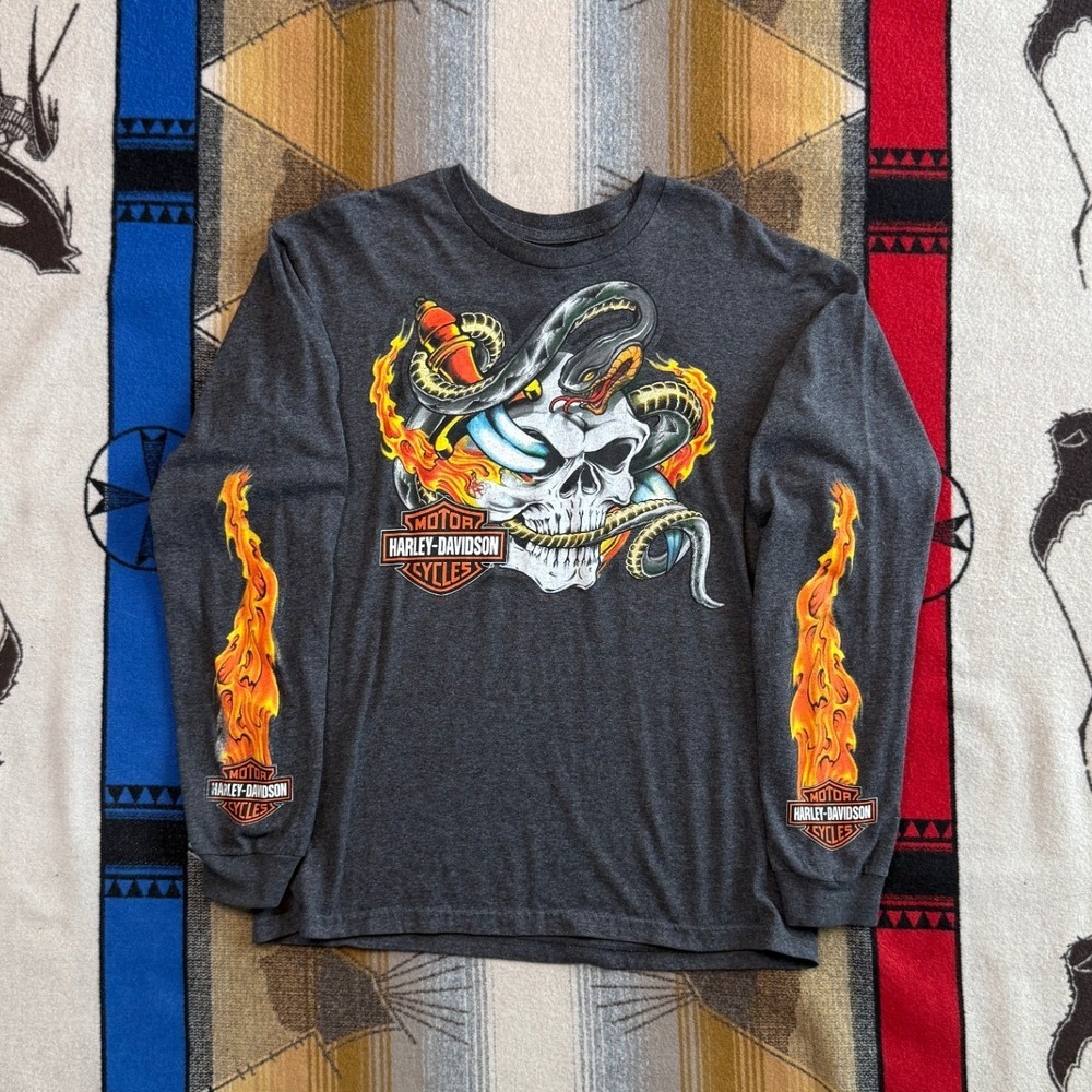 Harley-Davidson Mens Long Sleeve Skull Snake Flame Graphic T-Shirt Gray Large